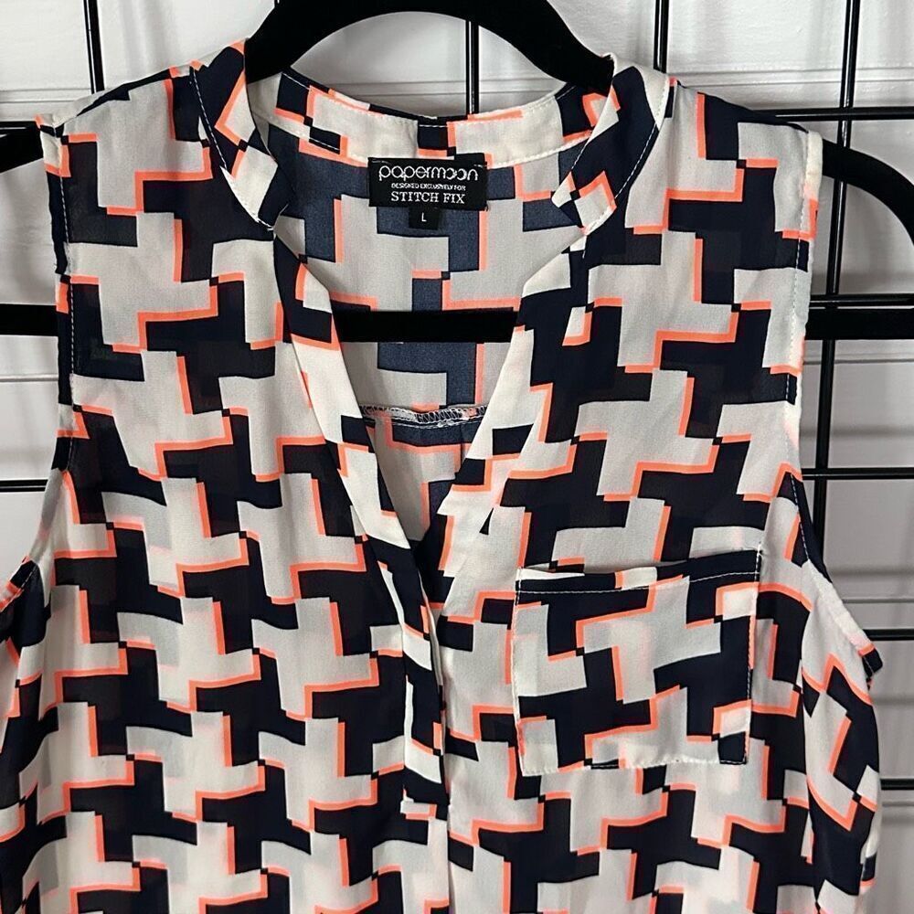 Papermoon Sleeveless Tunic Top Womens L‎ Navy White Orange Breezy Geometric - Picture 2 of 9